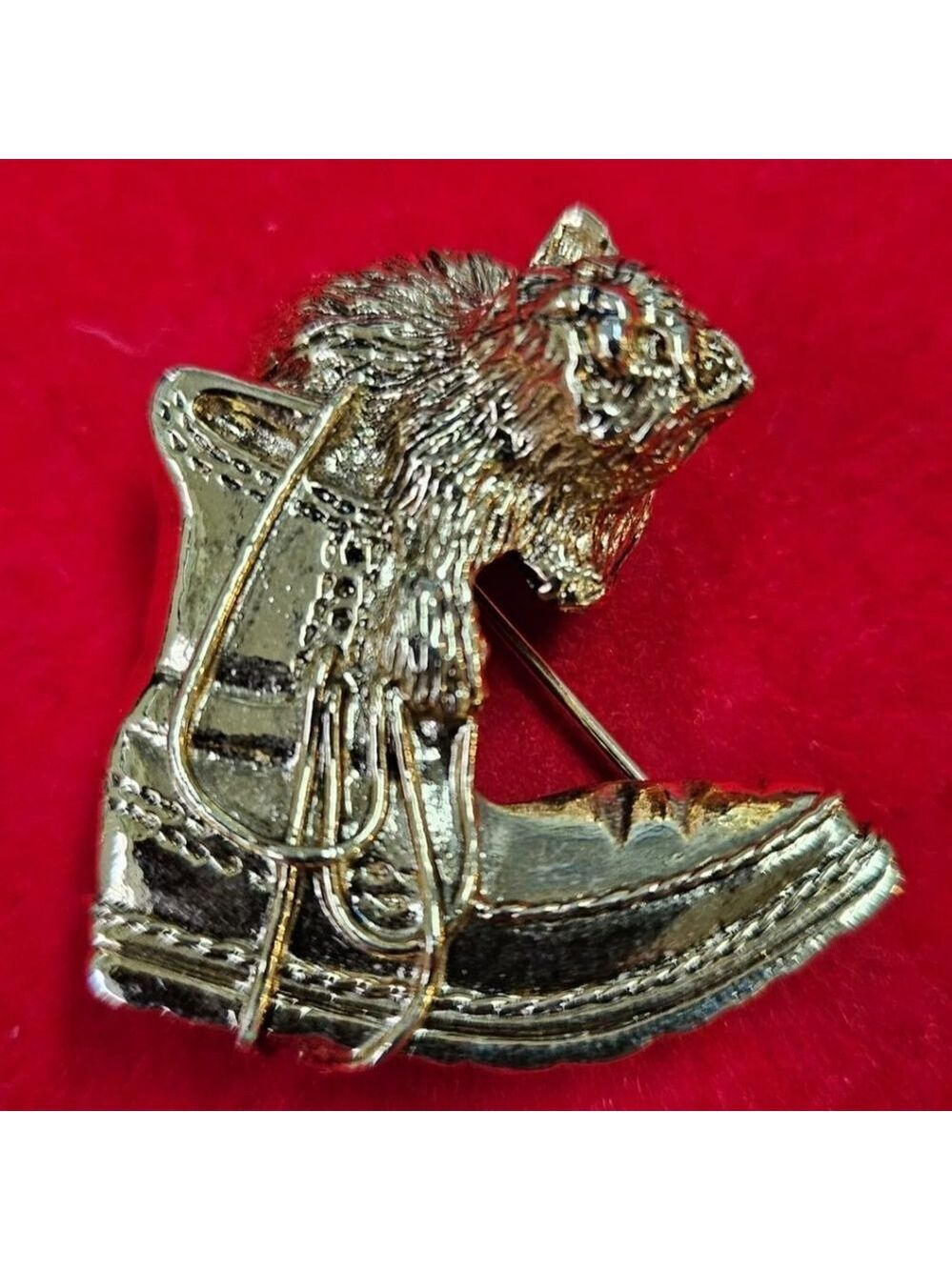 Gold Cat on Boot Pin Brooch